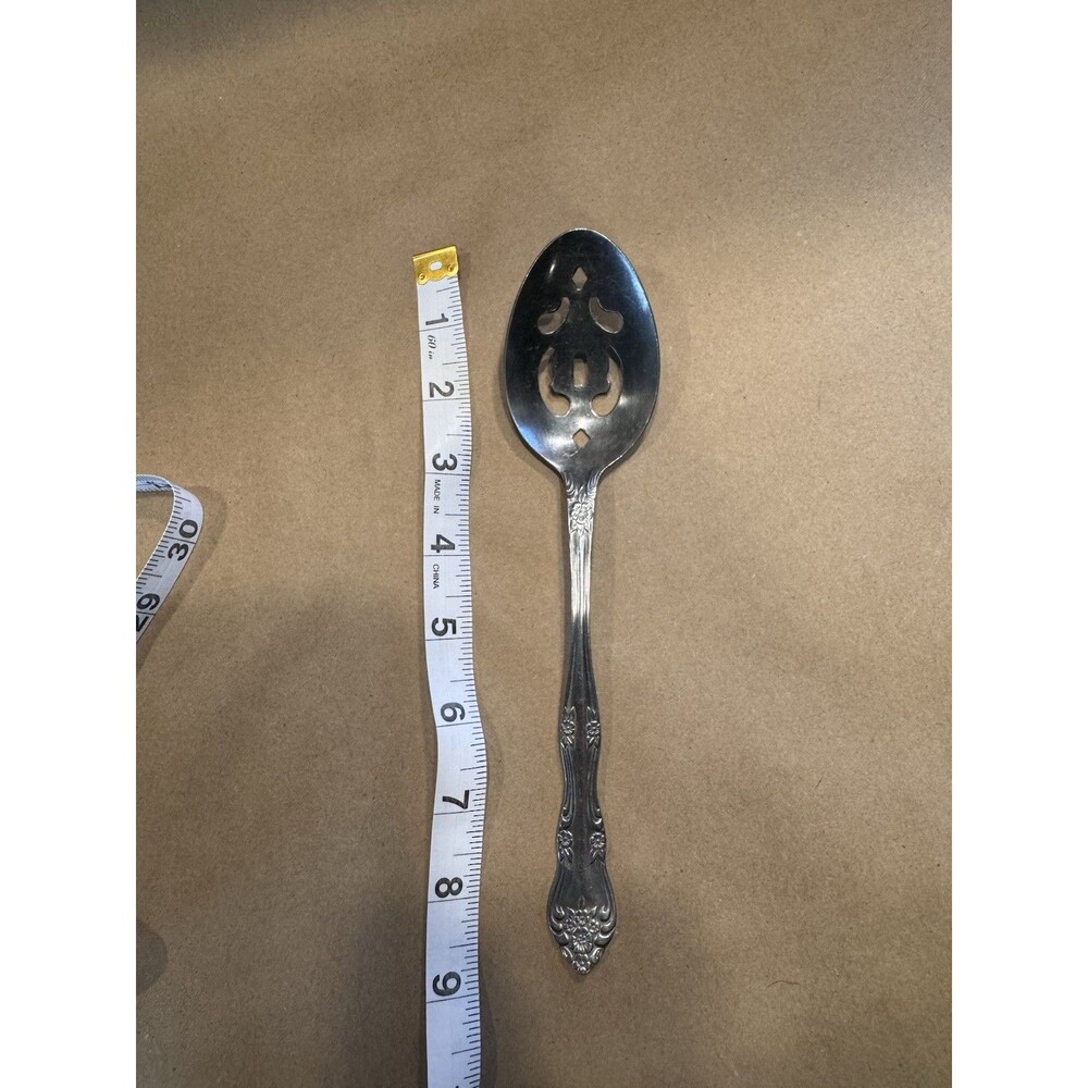 Stainless Steel Slotted Serving Spoon - Silver Floral Handle, Glossy, 8 in